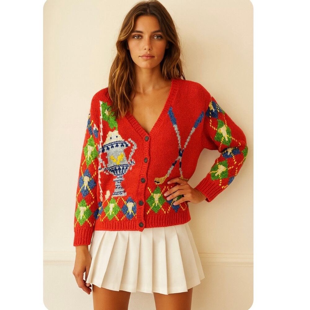 Rare Vintage Golf Trophy Sweater Soft Girl Coquette Cottage Core Hand Knit Med
